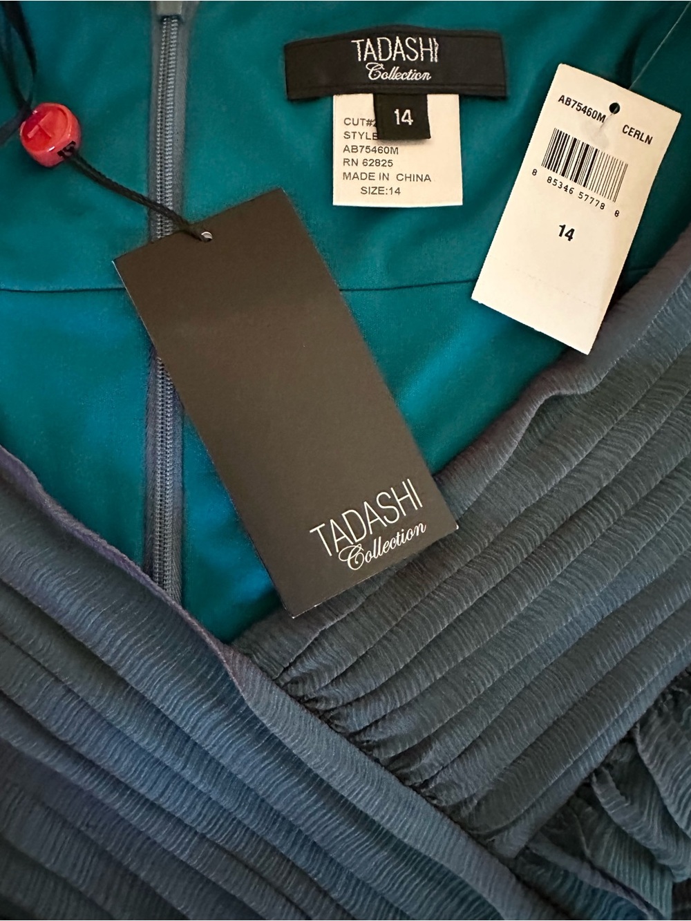 NWT Tadashi Shoji 100% Silk Iridescent Teal Pleated Crinkle Chiffon Dress 14 - Picture 3 of 15